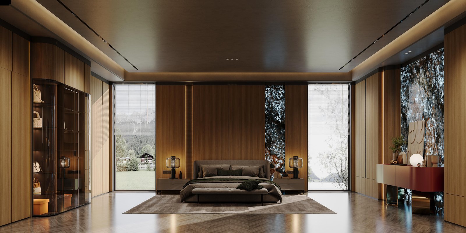 Casa Mila bedroom with wood wall panels and integrated wardrobe storage