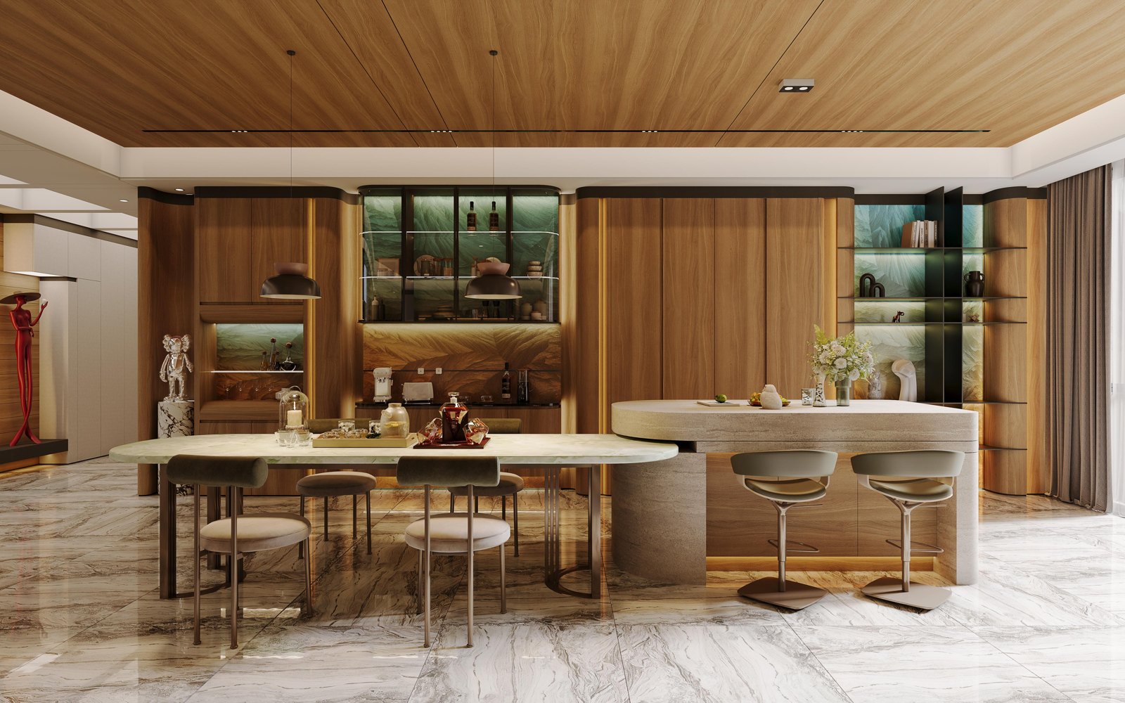 Casa Mila dining area with coordinated wood cabinetry and an island table