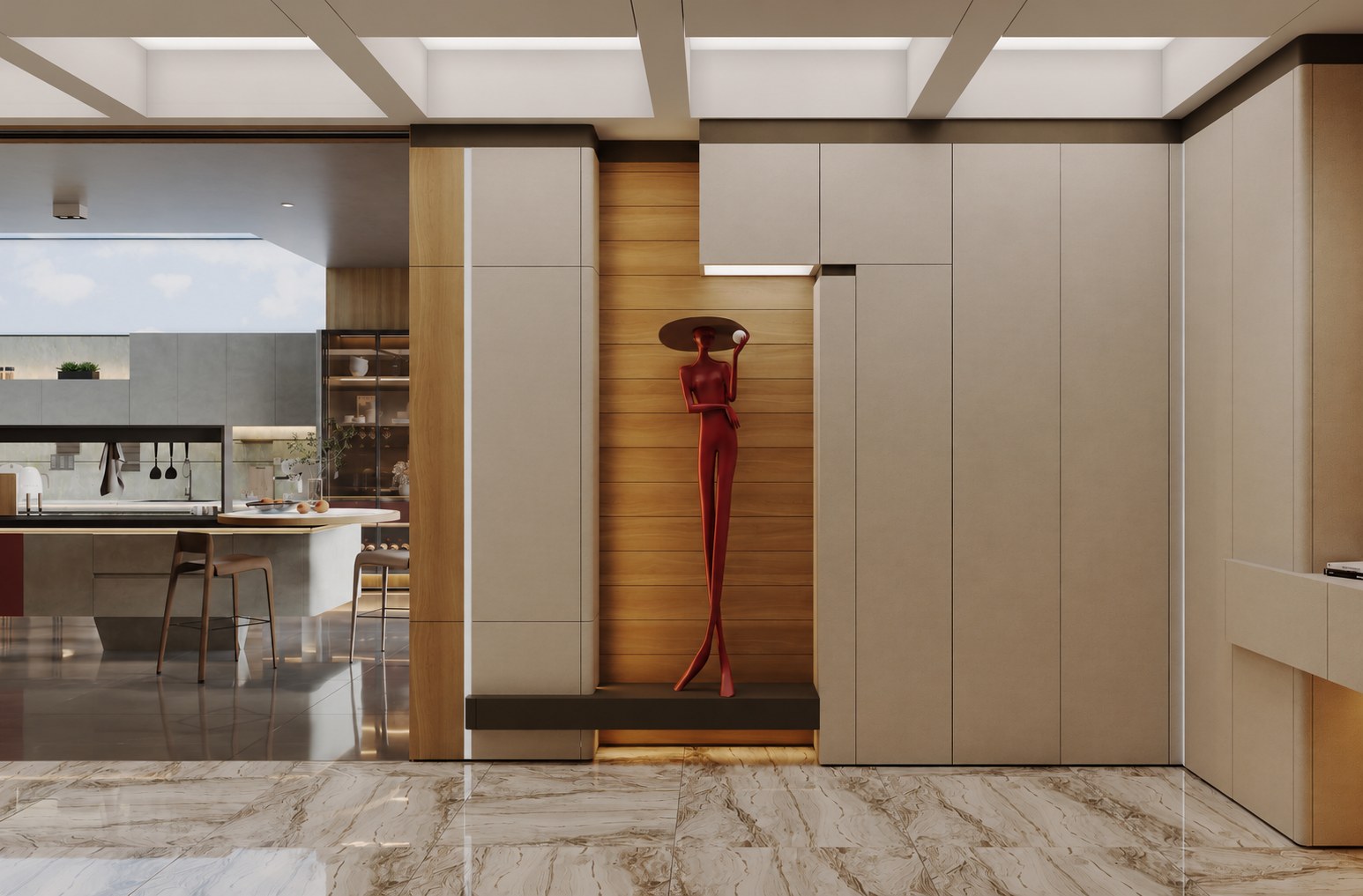 Casa Mila entry cabinetry with curved edges and an integrated display niche