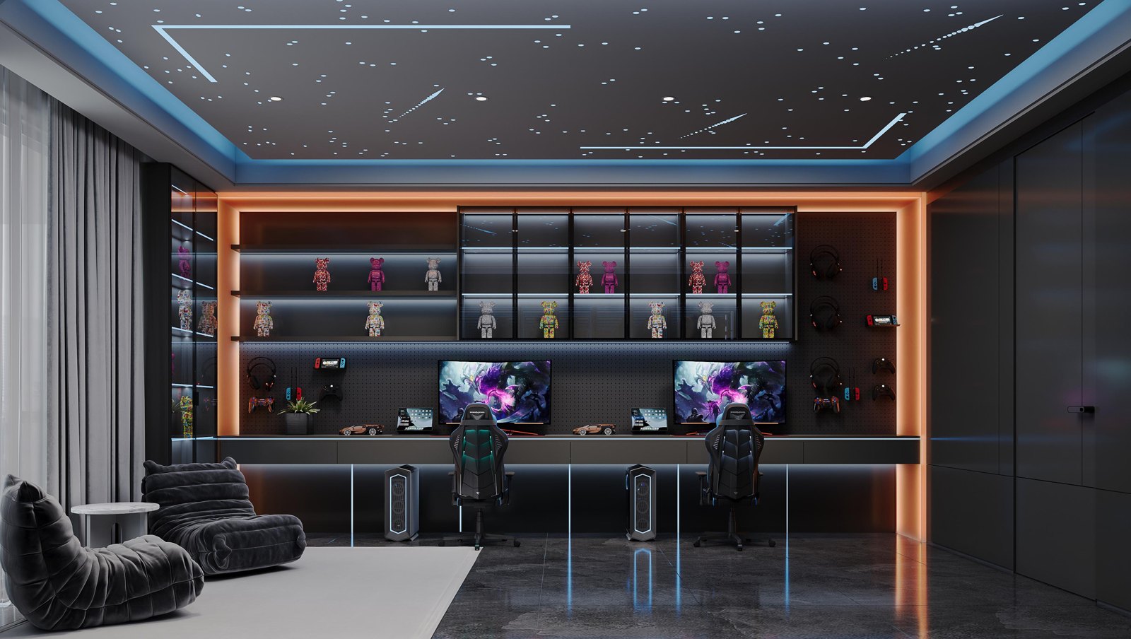 Casa Mila gaming room with fitted display and desk cabinetry