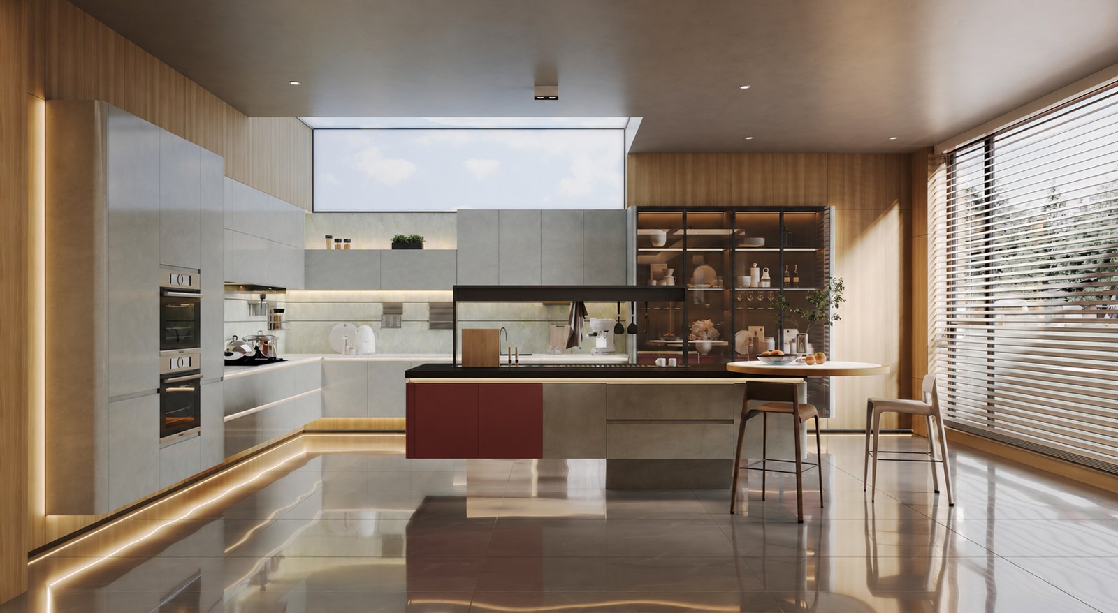 Casa Mila kitchen cabinetry with a central island and glass display storage