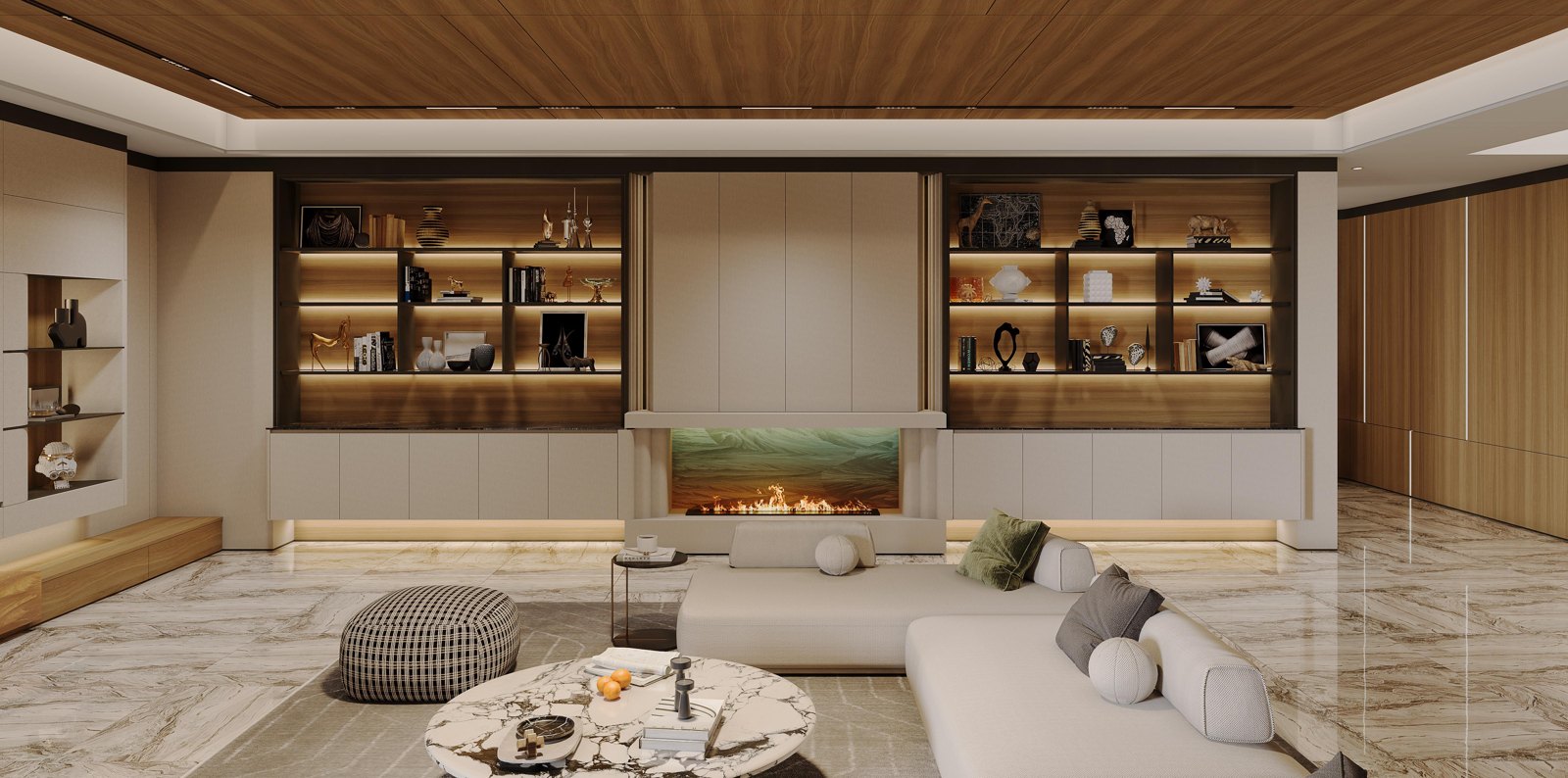Casa Mila living room with warm wood cabinetry and an integrated display wall