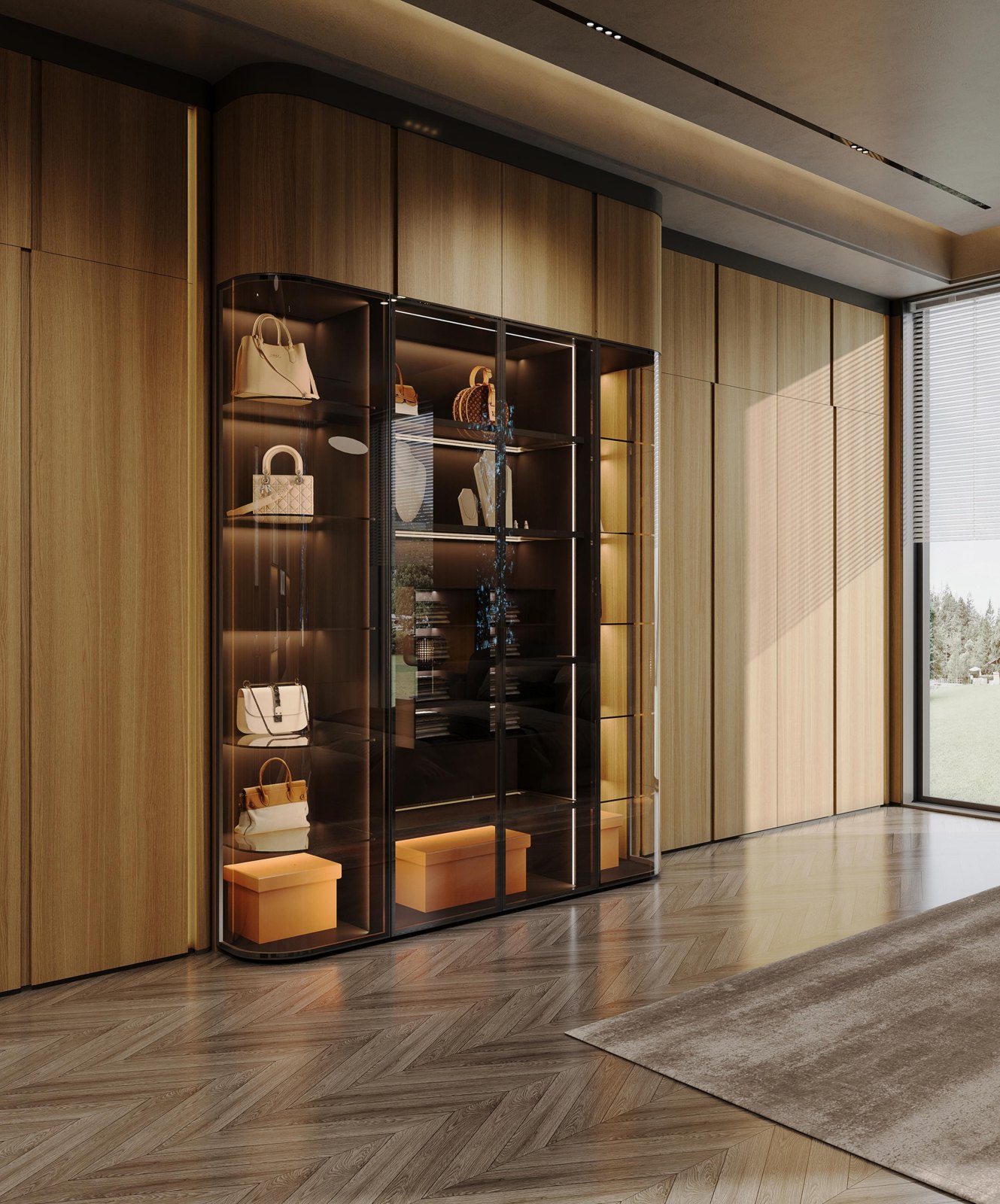 Casa Mila wardrobe with curved framed glass doors and interior lighting