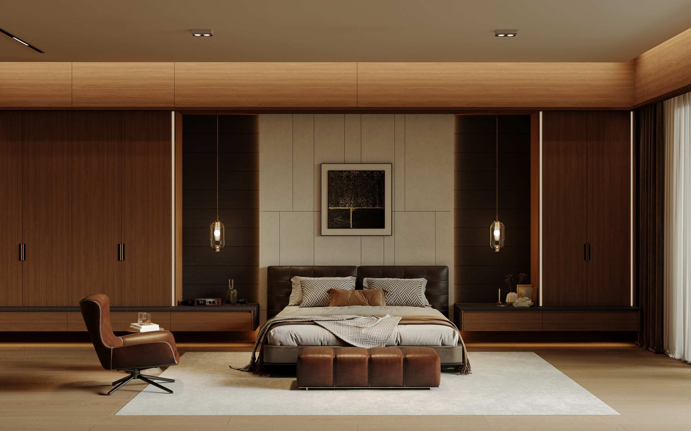 Gran Via bedroom with warm wood panelling and coordinated furniture