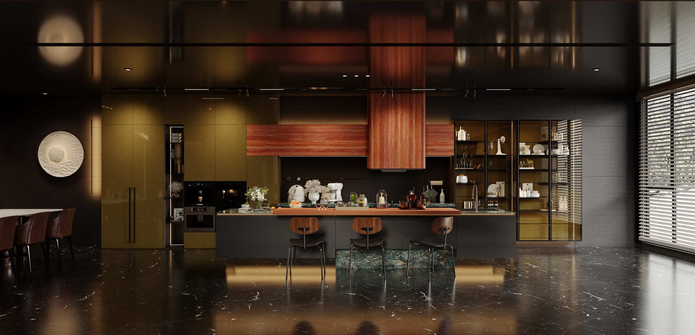 Gran Via kitchen with dark cabinetry, warm wood finishes and an island