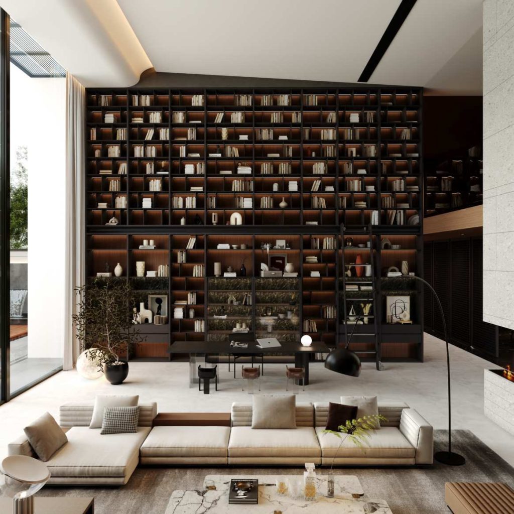 Gran Via living room with light upholstered seating and a full-height display wall