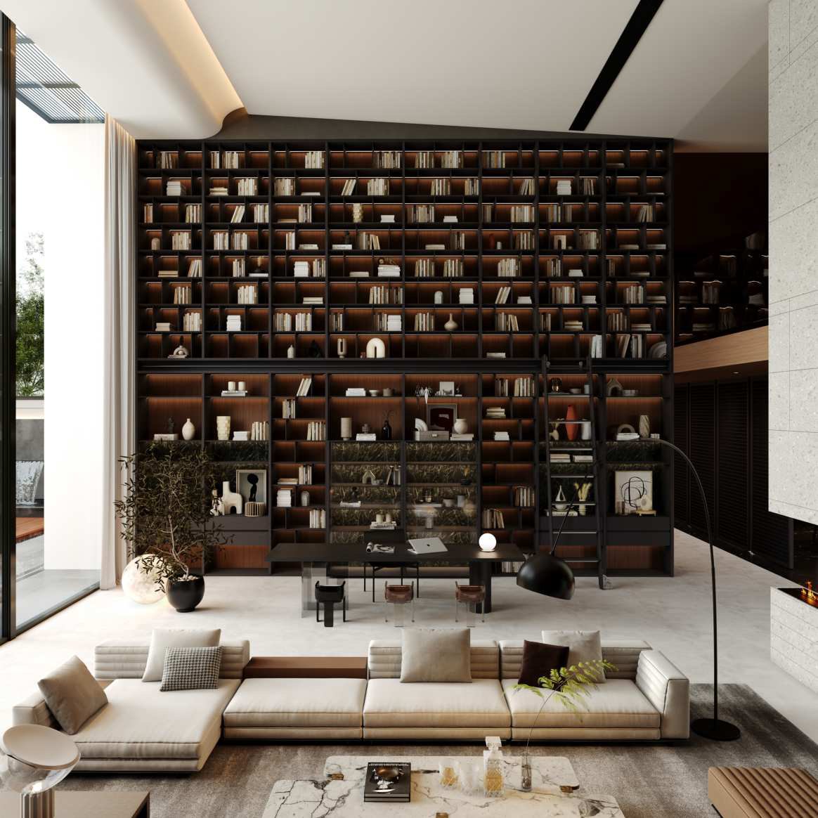 Gran Via living room with light upholstered seating and a full-height display wall