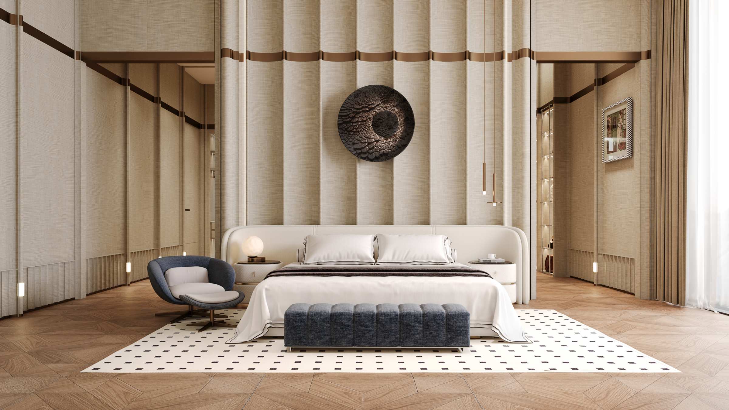 Guzman bedroom concept with curved feature wall and coordinated furniture