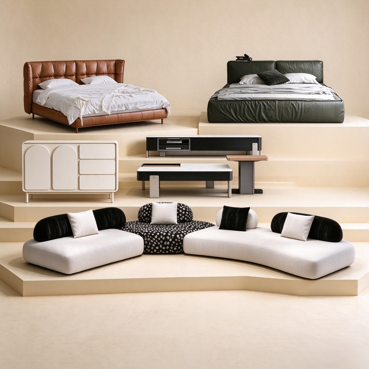 Zoe 05 — Sculptural Contrast whole-home furniture styling overview